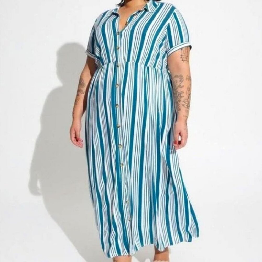 Torrid Button Up Maxi Dress Teal White Stripe Size 1X